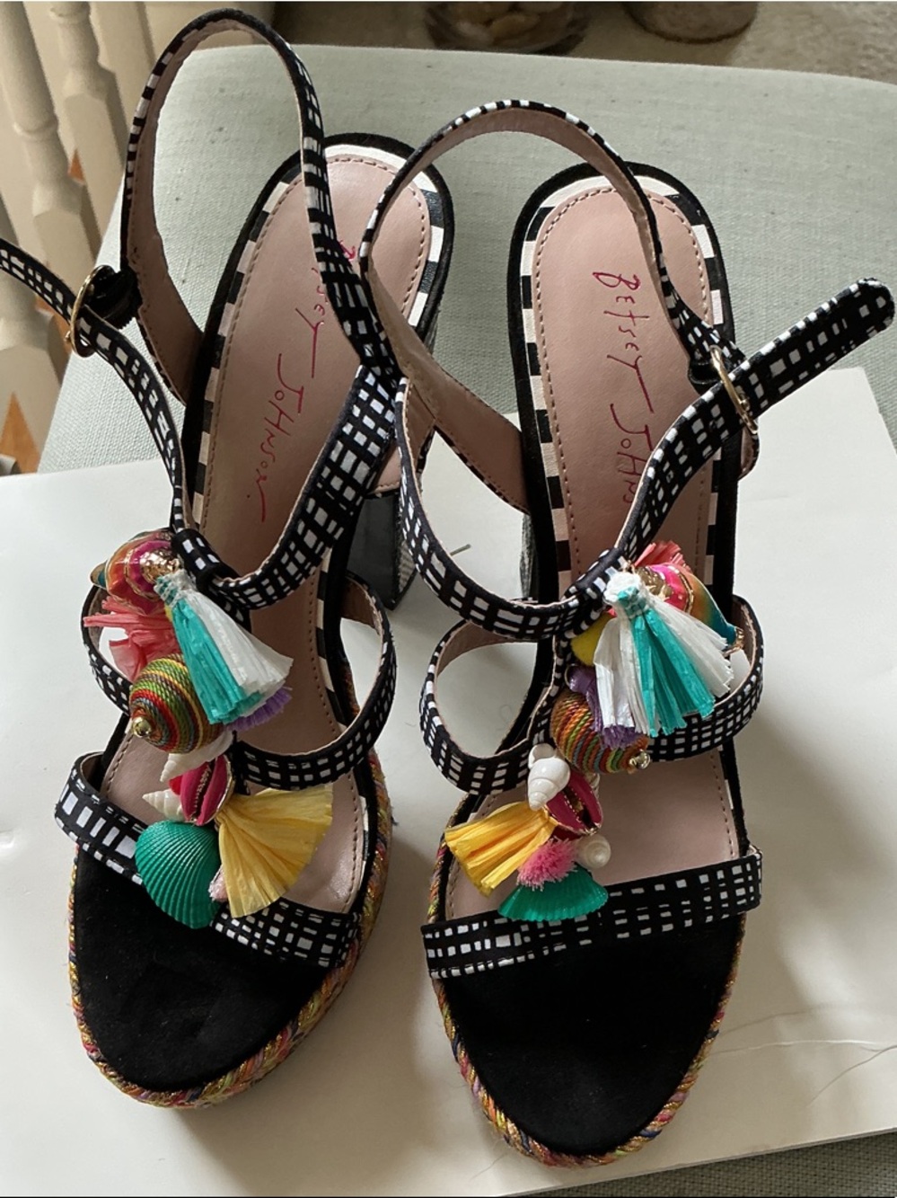 Betsey Johnson Black Patterned Wedge Sandals with Multicolor Tassels